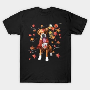 Maple Dog Leaf Fall Hello Autumn Funny Boxer Lover T-Shirt